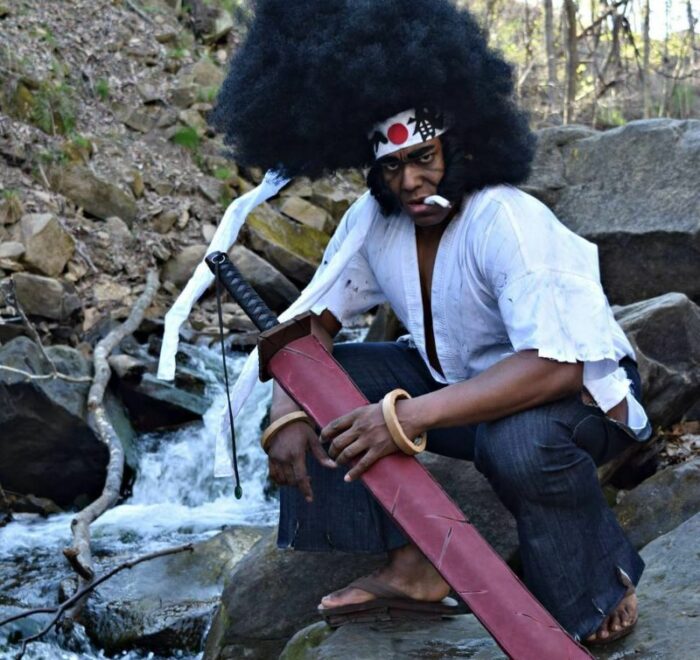 This is Michael “Knightmage” Wilson as Afro Samurai. The outfit is great but it Pantheon Films